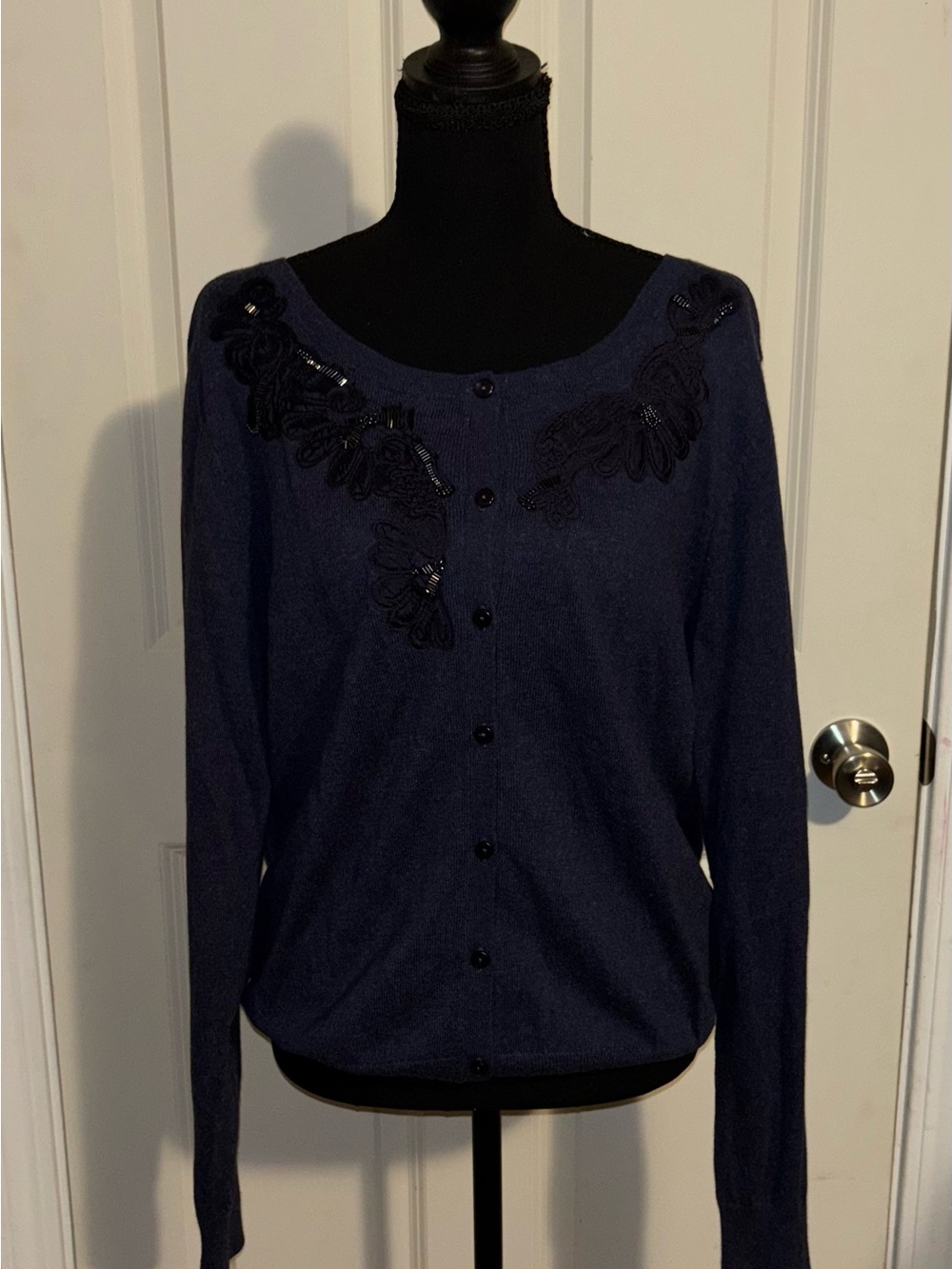 Caslon Navy Beaded Embellished Button Cardigan